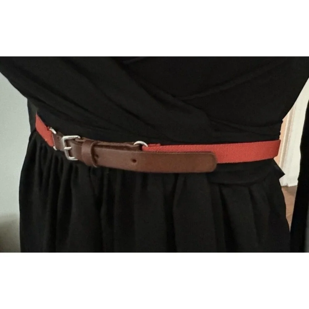 LOFT Skinny Elastic‎ Belt Brown Leather Orange Stretch Waist Silver Buckle 47-53